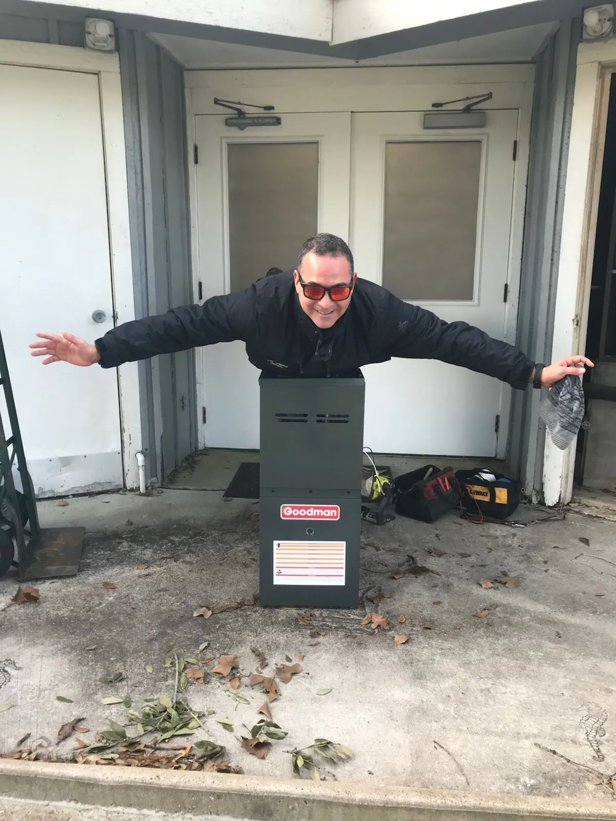Jonathan Tullos of J. Tullos Services with a new Goodman furnace